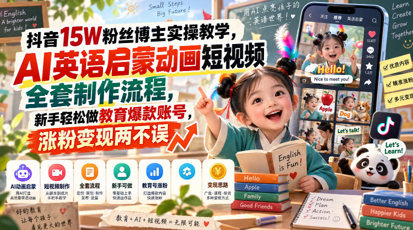 抖音15W粉丝博主实操教学,AI英语启蒙动画短视频全套制作流程,新手轻松做教育爆款账号,涨粉变现两不误-创业资源网