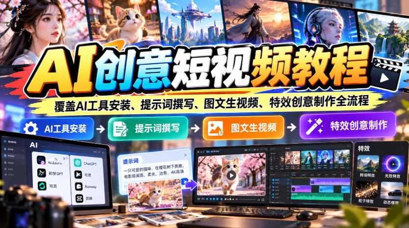 AI创意短视频教程，覆盖AI工具安装、提示词撰写、图文生视频、特效创意制作全流程-创业资源网