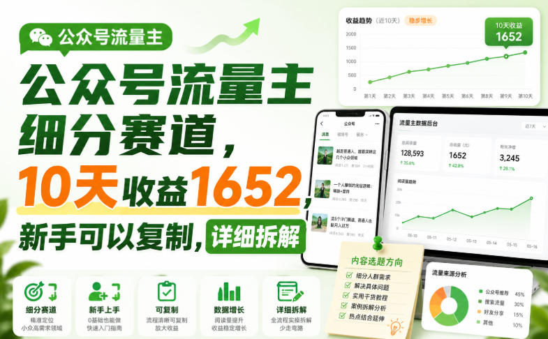 公众号流量主细分赛道，10天收益1652，新手可以复制，详细拆解-创业资源网