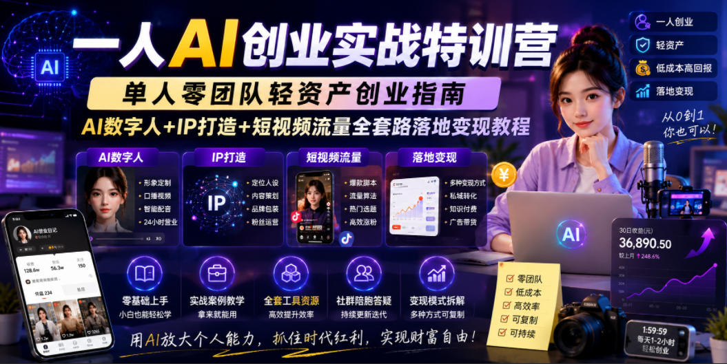 一人AI创业实战特训营，单人零团队轻资产创业指南，AI数字人+IP打造+短视频流量全套路落地变现教程-创业资源网