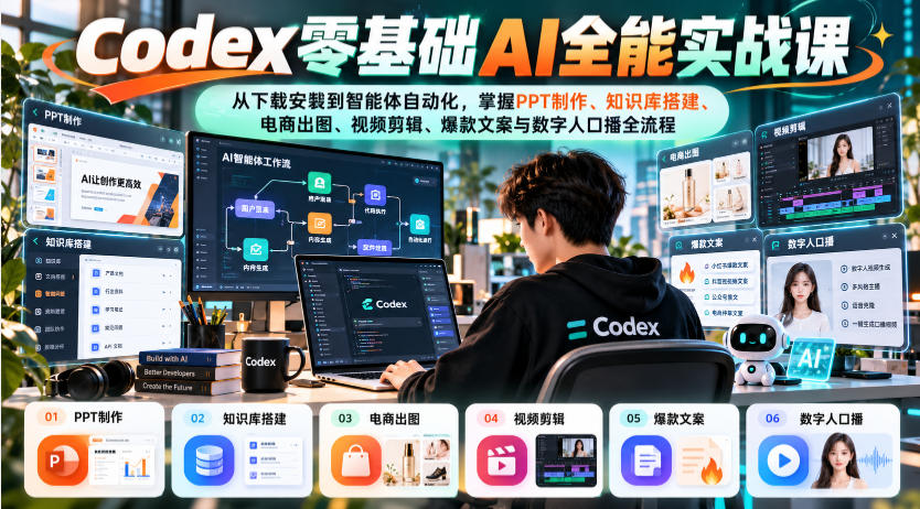 Codex零基础AI全能实战课:从下载安装到智能体自动化,掌握知识库搭建、电商出图、视频剪辑、爆款文案与数字人口播全流程-创业资源网
