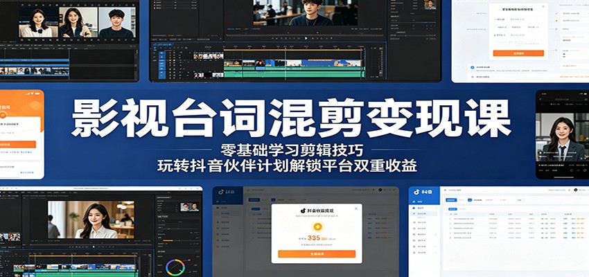 影视台词混剪变现课：零基础学习剪辑技巧，玩转抖音伙伴计划解锁平台双重收益-创业资源网