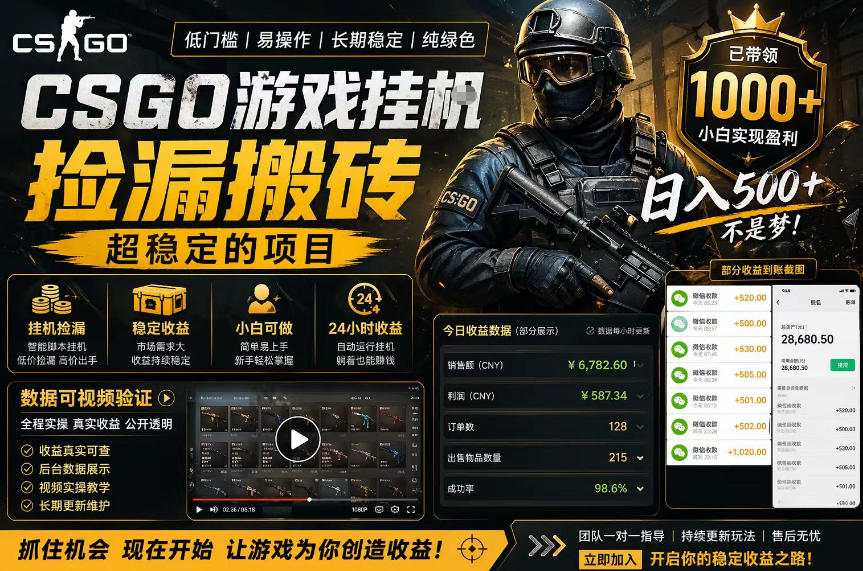 CSGO游戏搬砖，全自动挂G，不需要玩游戏，手机操作日入300+，解放双手【揭秘】-创业资源网