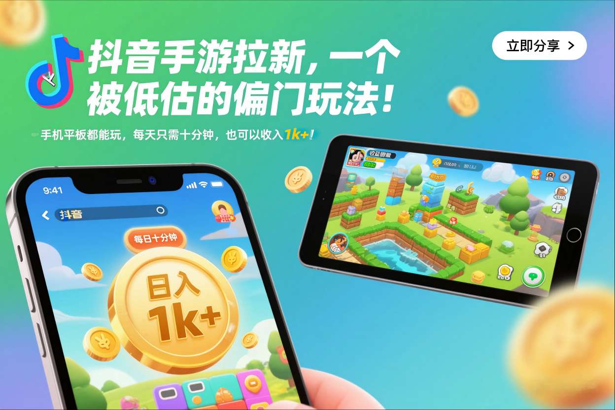 抖音手游拉新，一个被低估的偏门玩法！手机平板都能玩，每天只需十分钟，也可以收入1k+【揭秘】-创业资源网