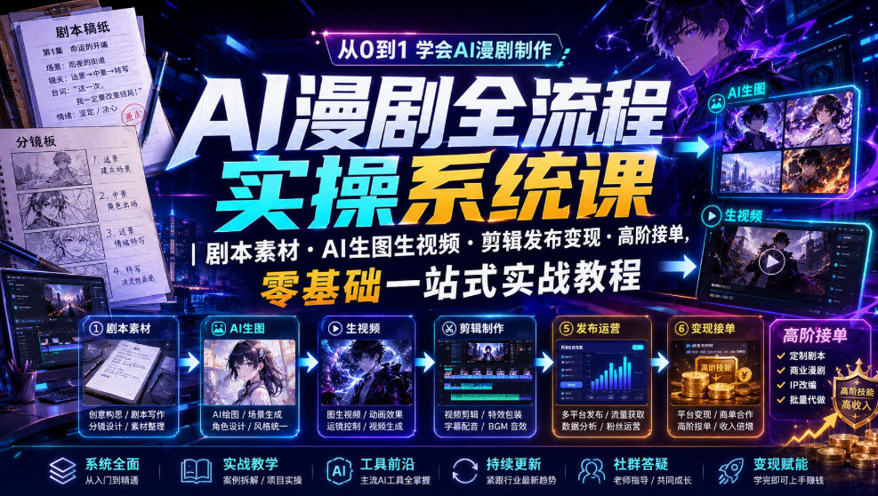 AI漫剧全流程实操系统课｜剧本素材・AI生图生视频・剪辑发布变现・高阶接单，零基础一站式实战教程（更新1027）-创业资源网