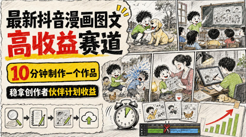 最新抖音漫画图文高收益赛道,10分钟制作一个作品,稳拿创作者伙伴计划收益-创业资源网