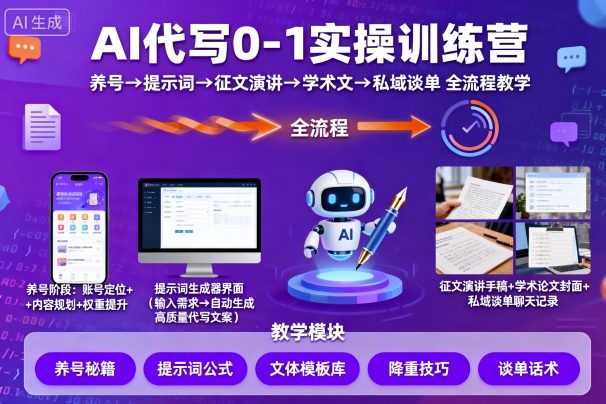 AI代写0-1实操训练营,从养号、提示词、征文演讲、学术文,到私域谈单的全流程教学-创业资源网