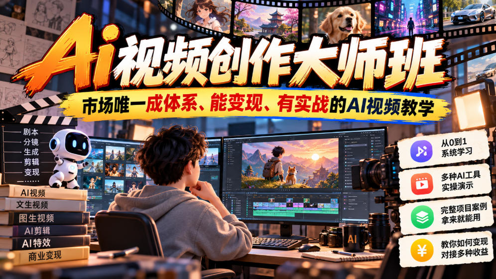 Ai视频创作大师班，市场唯一成体系、能变现、有实战的AI视频教学（更新2026）-创业资源网