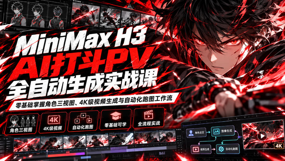 MiniMax H3 AI打斗PV全自动生成实战课：零基础掌握角色三视图、4K级视频生成与自动化跑图工作流-创业资源网