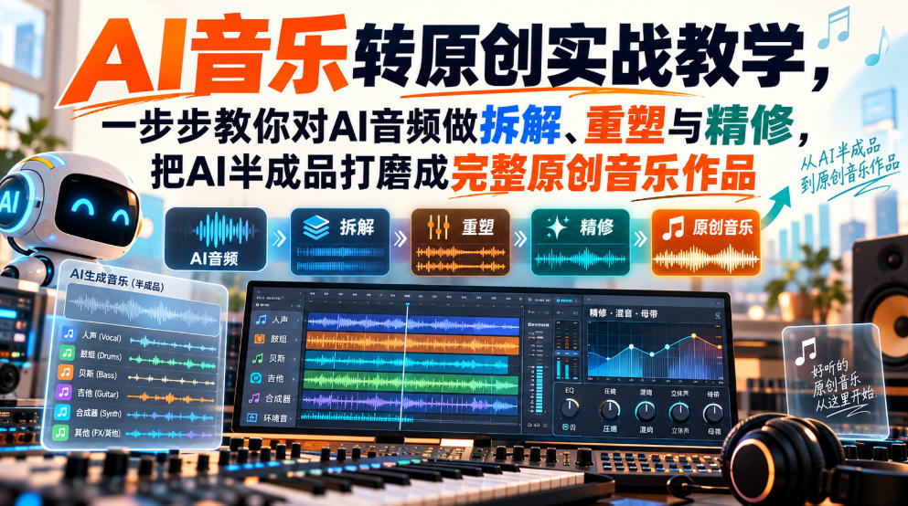 AI音乐转原创实战教学，一步步教你对AI音频做拆解、重塑与精修，把AI半成品打磨成完整原创音乐作品-创业资源网