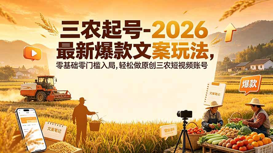 （19537期）三农起号-2026 最新爆款文案玩法，零基础零门槛入局，轻松做原创三农短视频账号-创业资源网