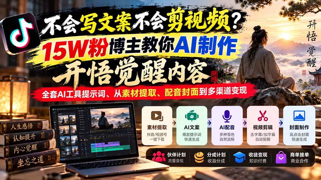 （21085期）不会写文案不会剪视频？15W粉博主教你AI制作开悟觉醒内容，全套AI工具提示词、从素材提取、配音封面到多渠道变现
