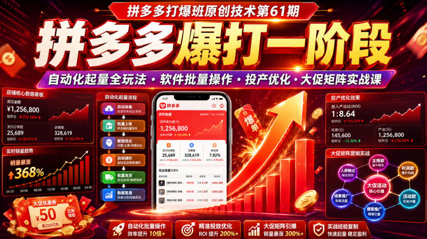 拼多多打爆班原创技术第61期，拼多多爆打一阶段，自动化起量全玩法・软件批量操作・投产优化・大促矩阵实战课-创业资源网