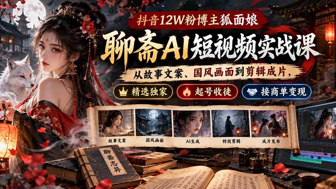 （20639期）抖音12W粉博主狐面娘-聊斋AI短视频实战课：从故事文案、国风画面到剪辑成片，精选独家+起号收徒+接商单变现-创业资源网