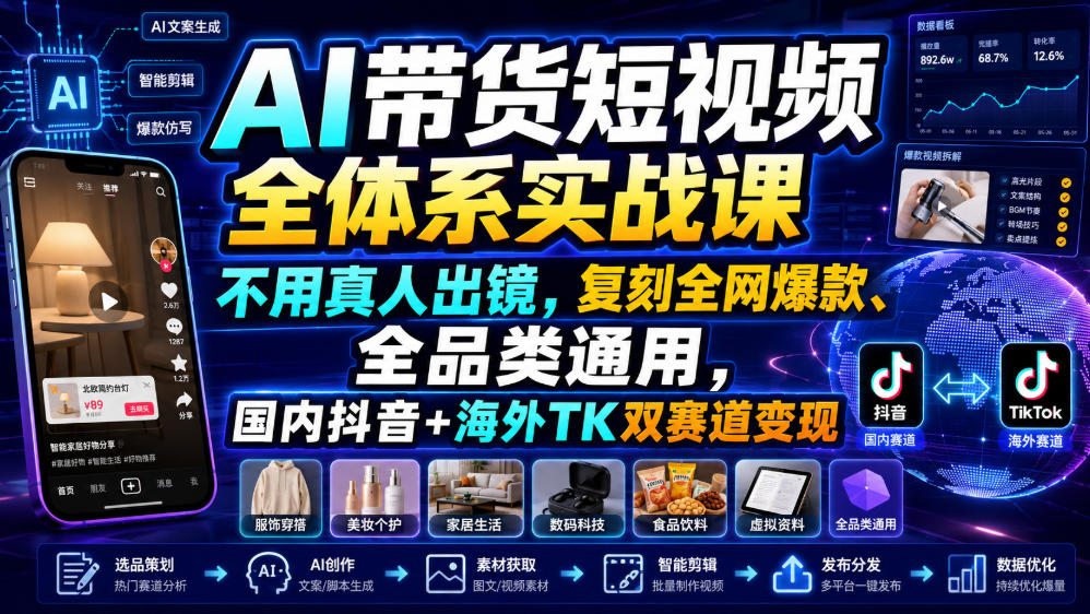 AI带货短视频全体系实战课，不用真人出镜，复刻全网爆款、全品类通用，国内抖音+海外TK双赛道变现-创业资源网