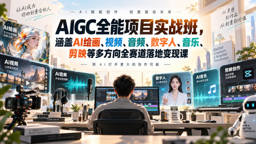 AIGC全能项目实战班，涵盖AI绘画、视频、音频、数字人、音乐、剪映等多方向全赛道落地变现课（更新）-创业资源网