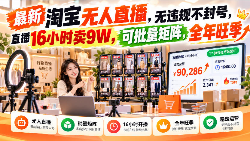 最新淘宝无人直播,无违规不封号,直播16小时卖9W,可批量矩阵,全年旺季【揭秘】-创业资源网