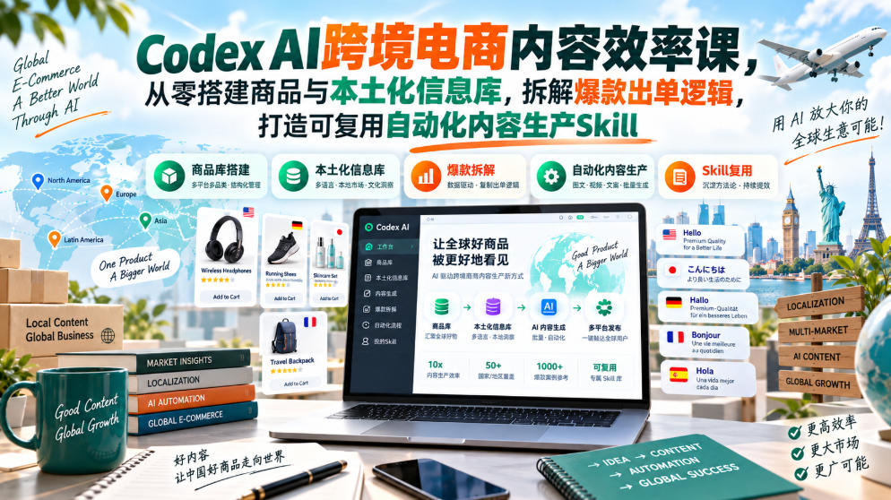 Codex AI跨境电商内容效率课，从零搭建商品与本土化信息库，拆解爆款出单逻辑，打造可复用自动化内容生产Skill-创业资源网