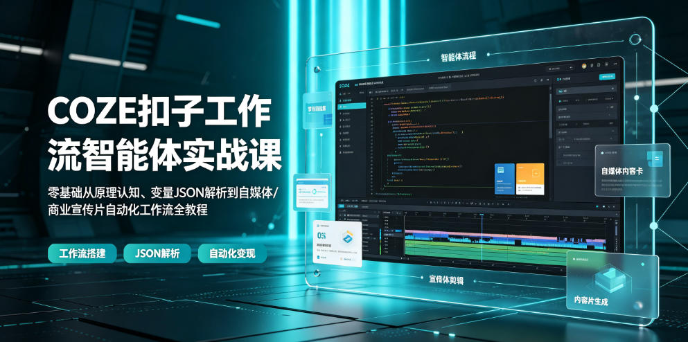 COZE扣子工作流智能体实战课|零基础从原理认知、变量JSON解析到自媒体/商业宣传片自动化工作流全教程-创业资源网