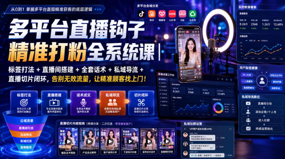 多平台直播钩子精准打粉全系统课｜标签打法+直播间搭建+全套话术+私域导流+直播切片闭环，告别无效流量，让精准顾客找上门！-创业资源网