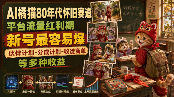 AI橘猫80年代怀旧赛道，平台流量红利期，新号最容易爆，伙伴计划-分成计划-收徒商单等多种收益-创业资源网
