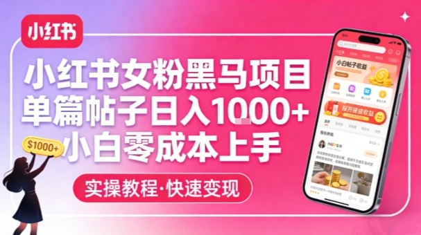 小红书女粉黑马项目，单篇帖子日入1k+，小白零成本上手-创业资源网