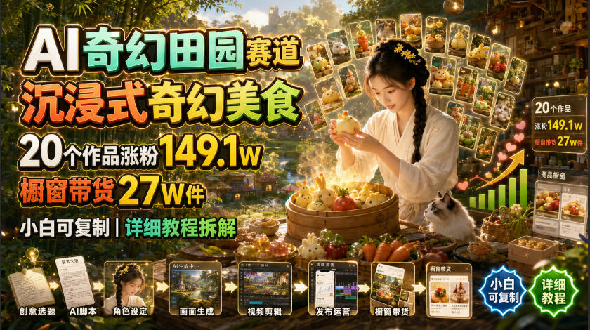 AI奇幻田园赛道,沉浸式奇幻美食,20个作品涨粉149.1W,橱窗带货27W件,小白可复制,详细教程拆解-创业资源网