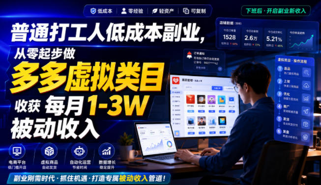普通打工人低成本副业，从零起步做多多虚拟类目，收获每月1-3W被动收入【揭秘】-创业资源网