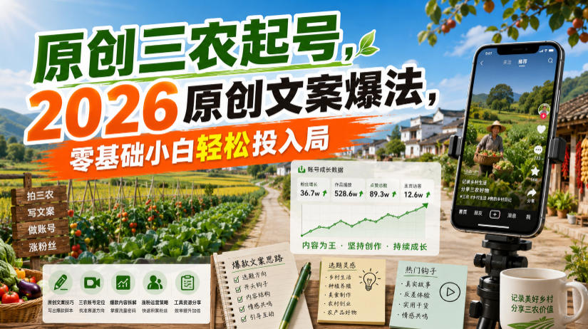 原创三农起号，2026原创文案爆法，零基础小白轻松投入局-创业资源网