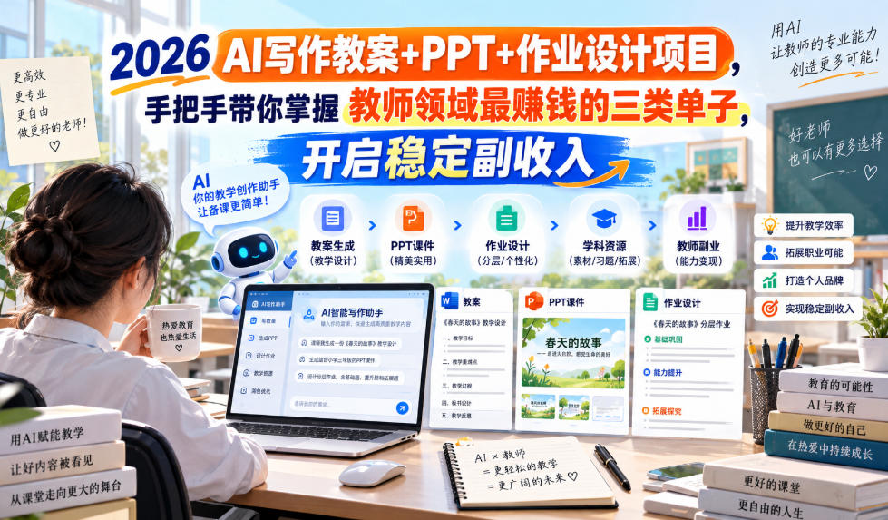 2026 AI写作教案+PPT+作业设计项目,手把手带你掌握教师领域最賺钱的三类单子,开启稳定副收入-创业资源网