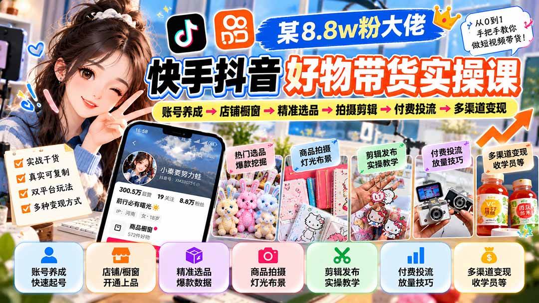 （20733期）某8.8w粉大佬快手抖音好物带货实操课：账号养成→店铺橱窗→精准选品→拍摄剪辑→付费投流→多渠道变现-创业资源网