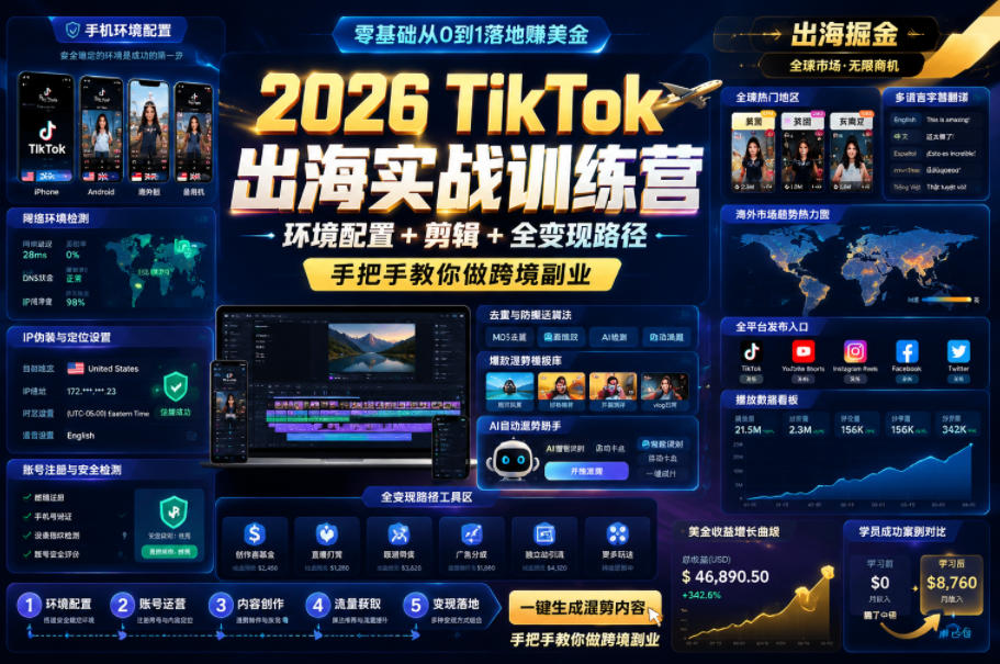 2026 TikTok出海实战训练营，环境配置 + 剪辑 + 全变现路径，手把手教你做跨境副业-创业资源网