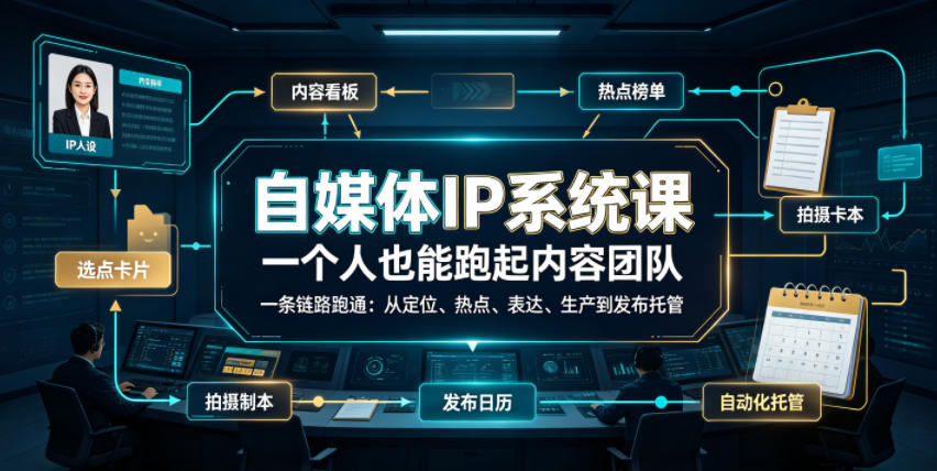 自媒体IP系统课，一个人也能跑起内容团队，一条链路跑通，从定位、热点、表达、生产到发布托管-创业资源网