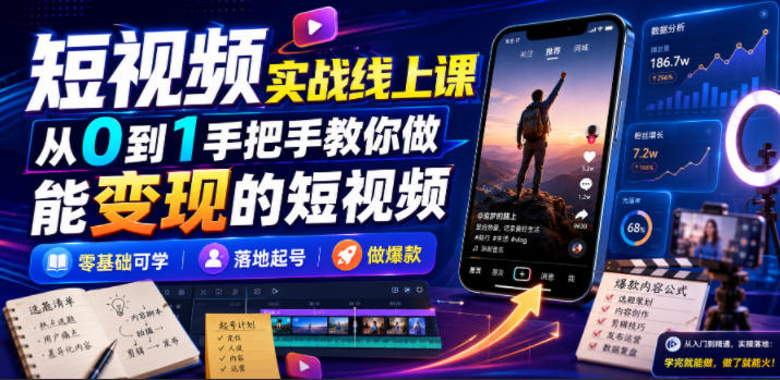 短视频实战线上课，从0到1手把手教你做能变现的短视频，零基础可学，落地起号做爆款-创业资源网