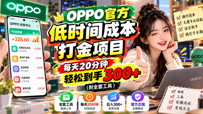 OPPO官方低时间成本打金项目，每天20分钟，轻松到手300+（附全套工具）【揭秘】-创业资源网