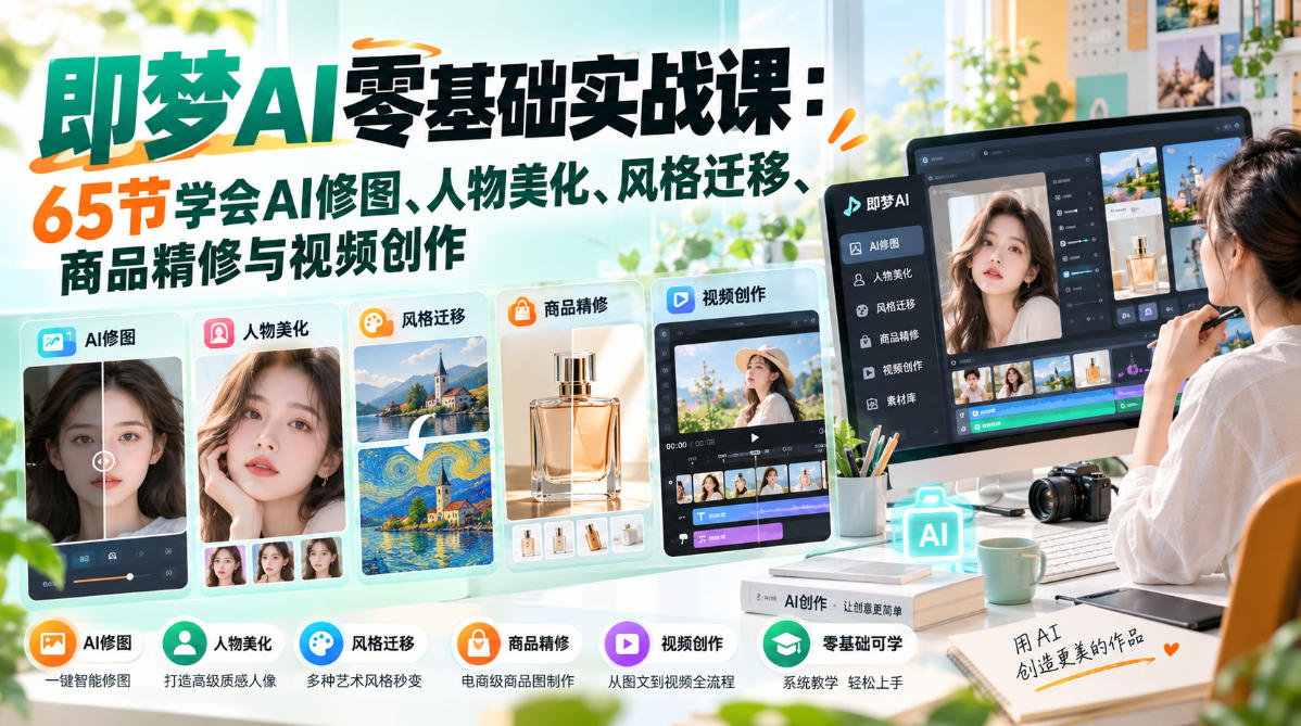 即梦AI零基础实战课：65节学会AI修图、人物美化、风格迁移、商品精修与视频创作-创业资源网