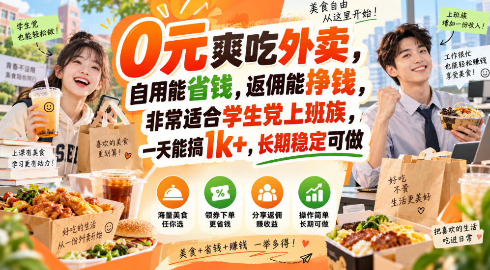 0元爽吃外卖,自用能省钱,返佣能挣钱,非常适合学生党上班族,一天能搞1k+,长期稳定可做-创业资源网