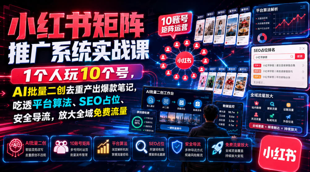 小红书矩阵推广系统实战课｜1个人玩10个号，AI批量二创去重产出爆款笔记，吃透平台算法、SEO占位、安全导流，放大全域免费流量-创业资源网
