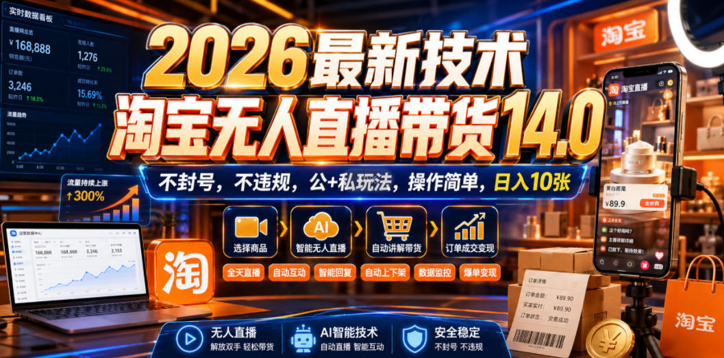 2026最新技术，淘宝无人直播带货14.0，不封号，不违规，公+私玩法，操作简单，日入10张【揭秘】-创业资源网