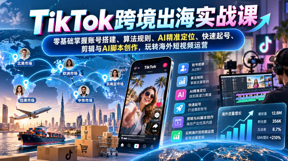 TikTok跨境出海实战课：零基础掌握账号搭建、算法规则、AI精准定位、快速起号、剪辑与AI脚本创作，玩转海外短视频运营（更新1030）-创业资源网