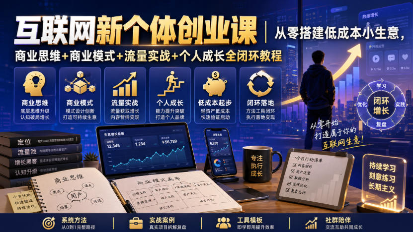 互联网新个体创业课｜从零搭建低成本小生意，商业思维+商业模式+流量实战+个人成长全闭环教程-创业资源网