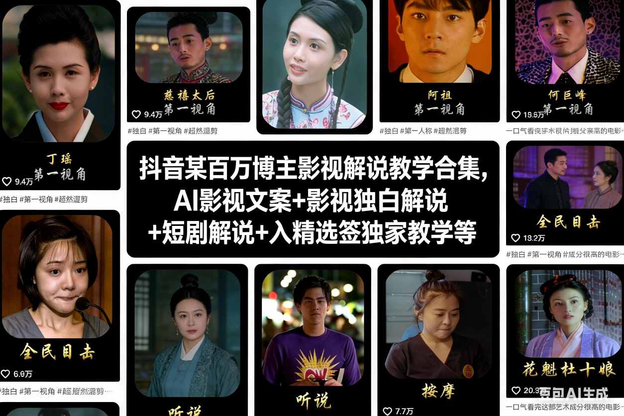 抖音某百万博主影视解说教学合集，AI影视文案+影视独白解说+短剧解说+入精选签独家教学等-创业资源网