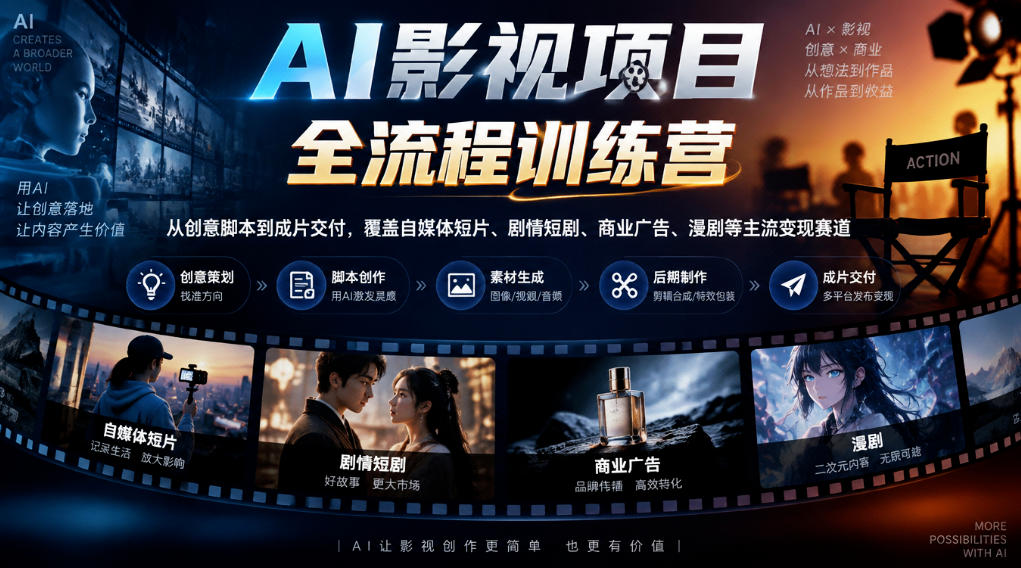 AI影视项目全流程训练营，从创意脚本到成片交付，覆盖自媒体短片、剧情短剧、商业广告、漫剧等主流变现赛道-创业资源网