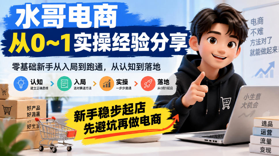水哥电商从0~1实操经验分享，零基础新手从入局到跑通，从认知到落地，新手稳步起店，先避坑再做电商-创业资源网