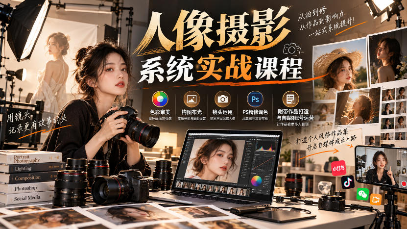【无水印】人像摄影系统实战课程，色彩审美、构图布光、镜头运用、PS精修调色，附带作品打造与自媒体账号运营-创业资源网