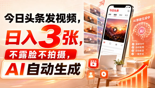 今日头条发视频，日入3张，不露脸不拍摄，AI自动生成-创业资源网