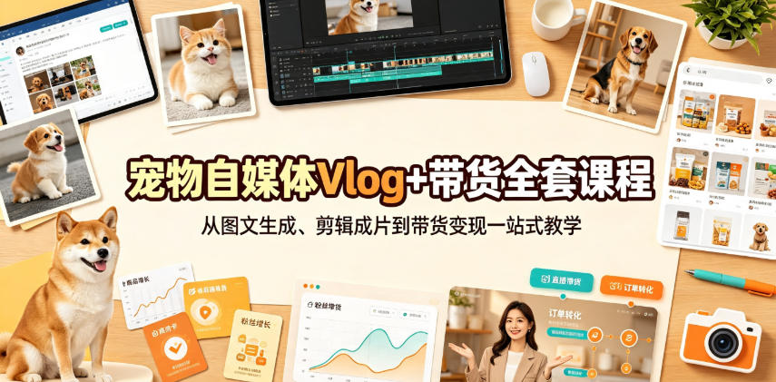 宠物自媒体Vlog+带货全套课程｜从图文生成、剪辑成片到带货变现一站式教学-创业资源网