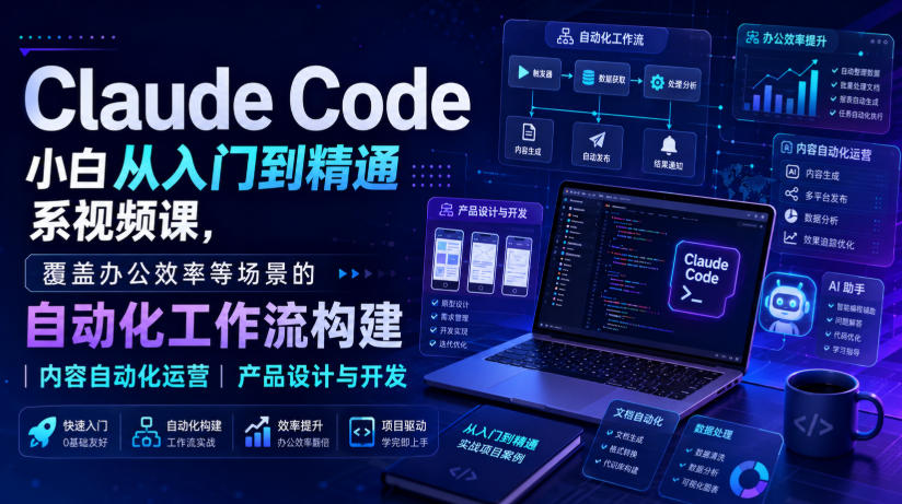 Claude Code小白从入门到精通系视频课，覆盖办公效率等场景的自动化工作流构建|内容自动化运营|产品设计与开发-创业资源网