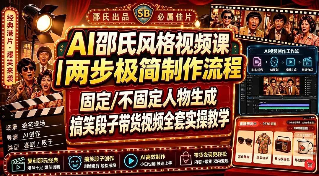 （19602期）AI邵氏风格视频课｜两步极简制作流程，固定/不固定人物生成，搞笑段子带货视频全套实操教学-创业资源网