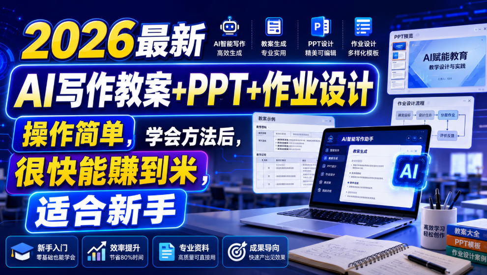 2026最新AI写作教案+PPT+作业设计，操作简单，学会方法后，很快能賺到米，适合新手-创业资源网